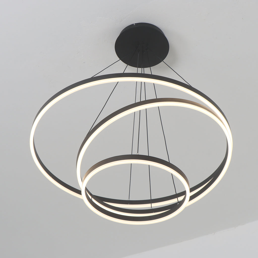 3/5 Lights Rings Dimmable Integrated LED Black Chandelier for Living Room Village Foyer High Ceiling Hanging Light