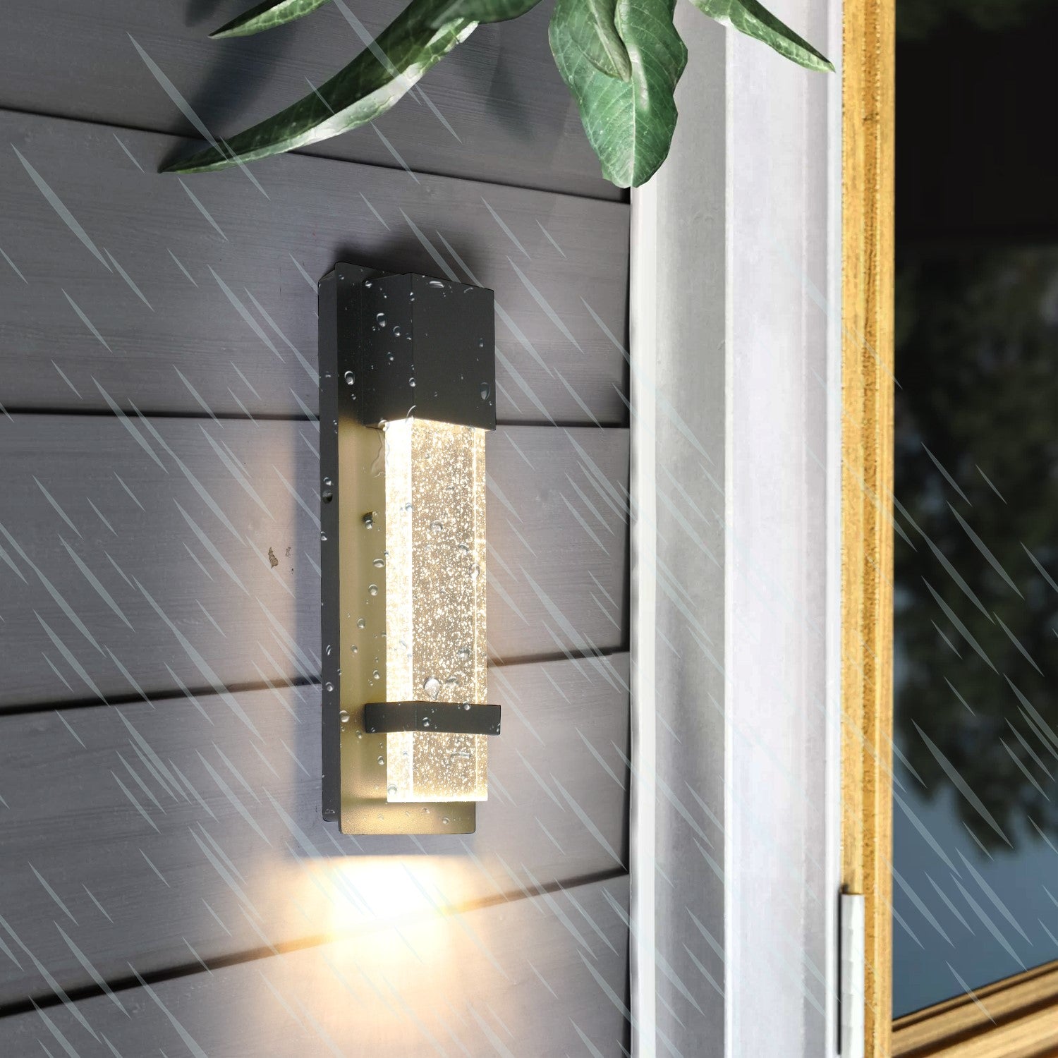 14 in. Black Waterproof Outdoor Integrated LED Wall Sconce with Bubble Glass Shade