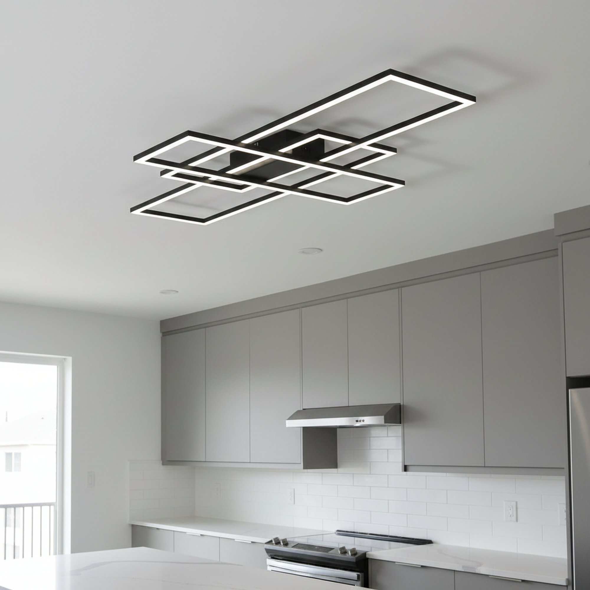 42/54 In. 3-Light Black Dimmable LED Flush Mount for Living Dining Room Rectangular Close to Ceiling Light