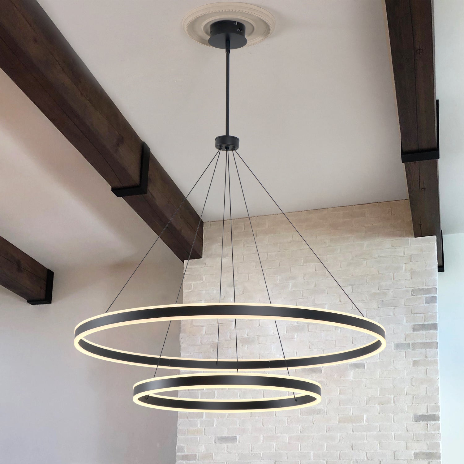 2 Lights Rings Up&Down-Lighting Black Integrated LED Dimmable Chandelier