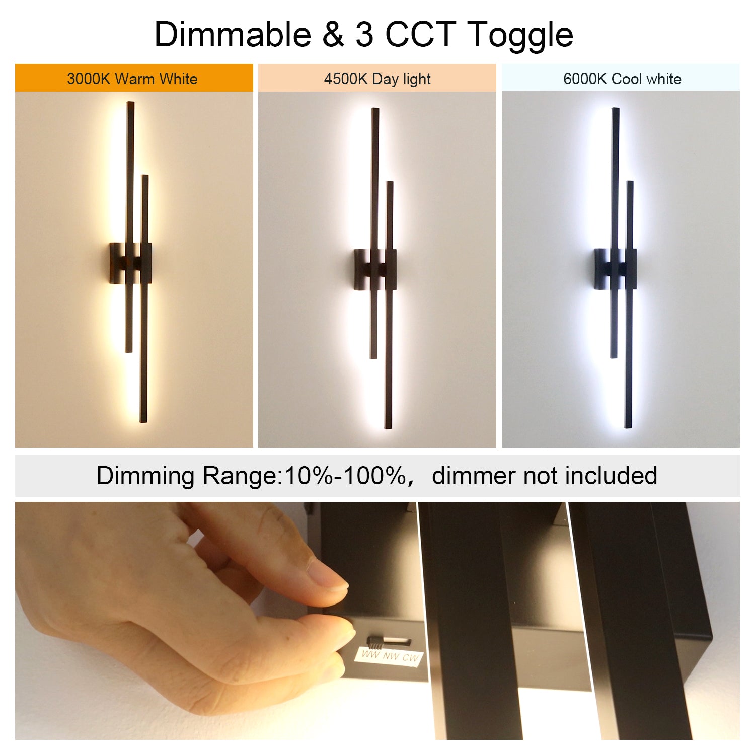 28/35/44 Inch 2-Lights Black 3 CCT Dimmable Linear Wall Sconce