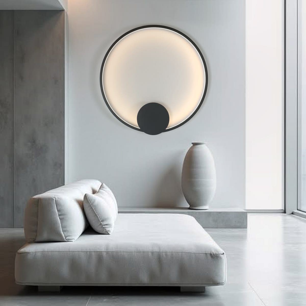 23.6" Modern LED Dimmable Black Circular Wall Light with Hardwired or Plug In