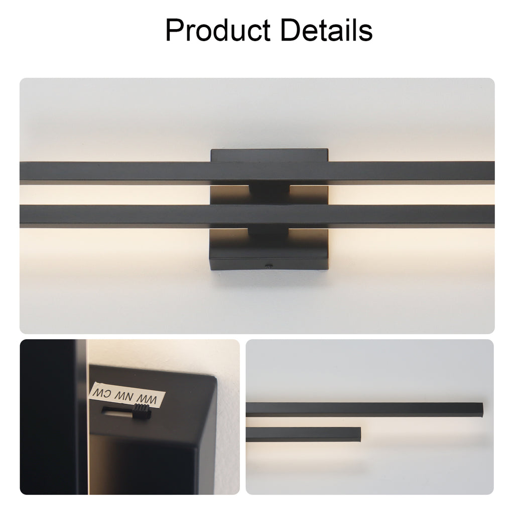 28/35/44 Inch 2-Lights Black 3 CCT Dimmable Linear Wall Sconce
