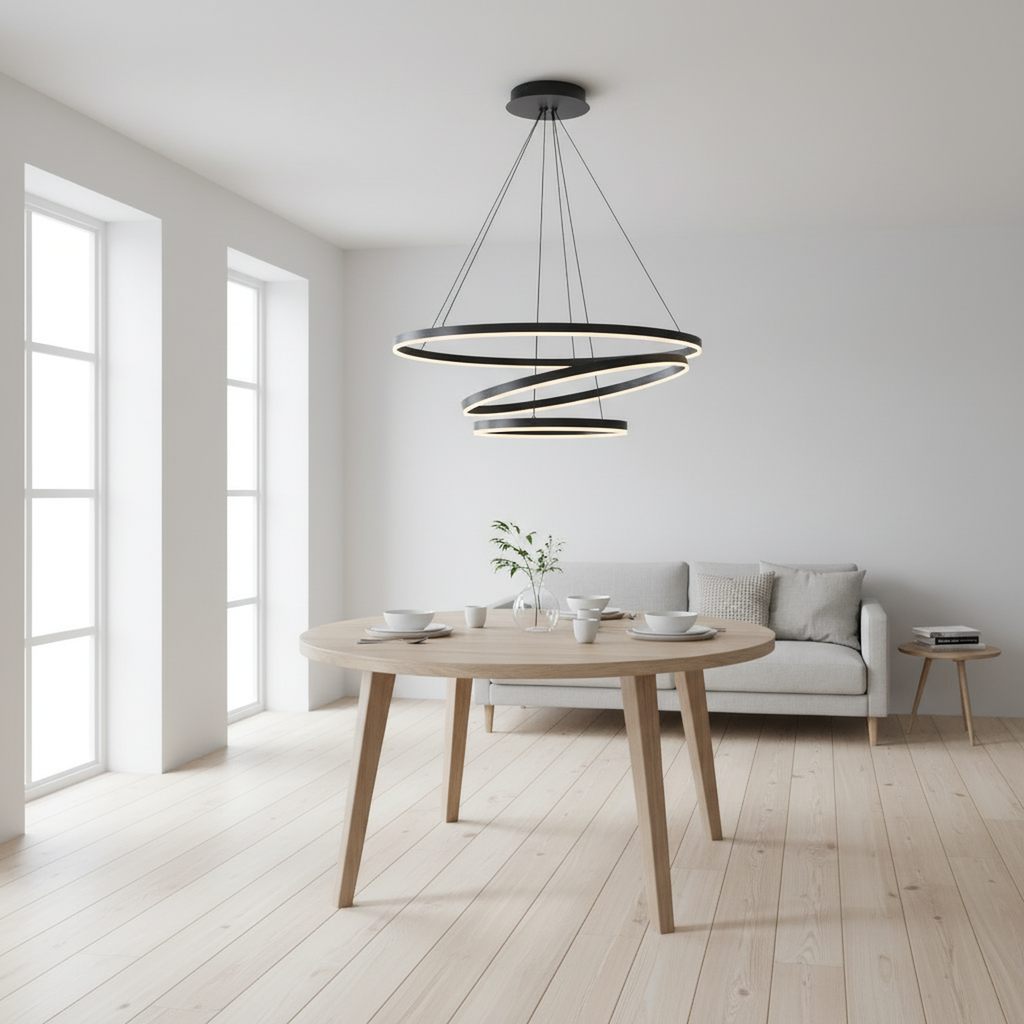 3/5 Lights Rings Dimmable Integrated LED Black Chandelier for Living Room Village Foyer High Ceiling Hanging Light