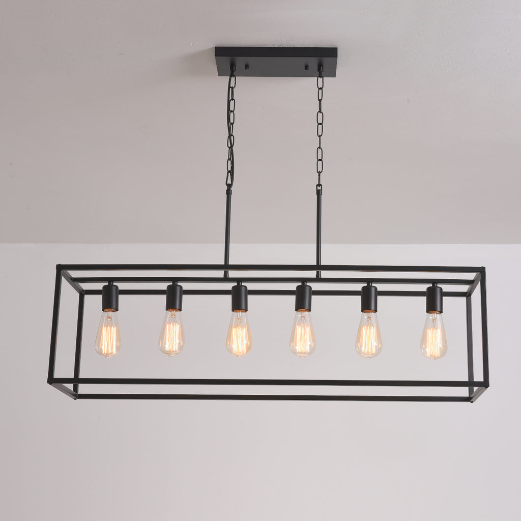 UMEILUCE 6 Light Rectangle Chandelier Contemporary Farmhouse Cage Pendant Lighting Black Industrial Vintage Kitchen Island Metal Cage Ceiling Light Fixtures