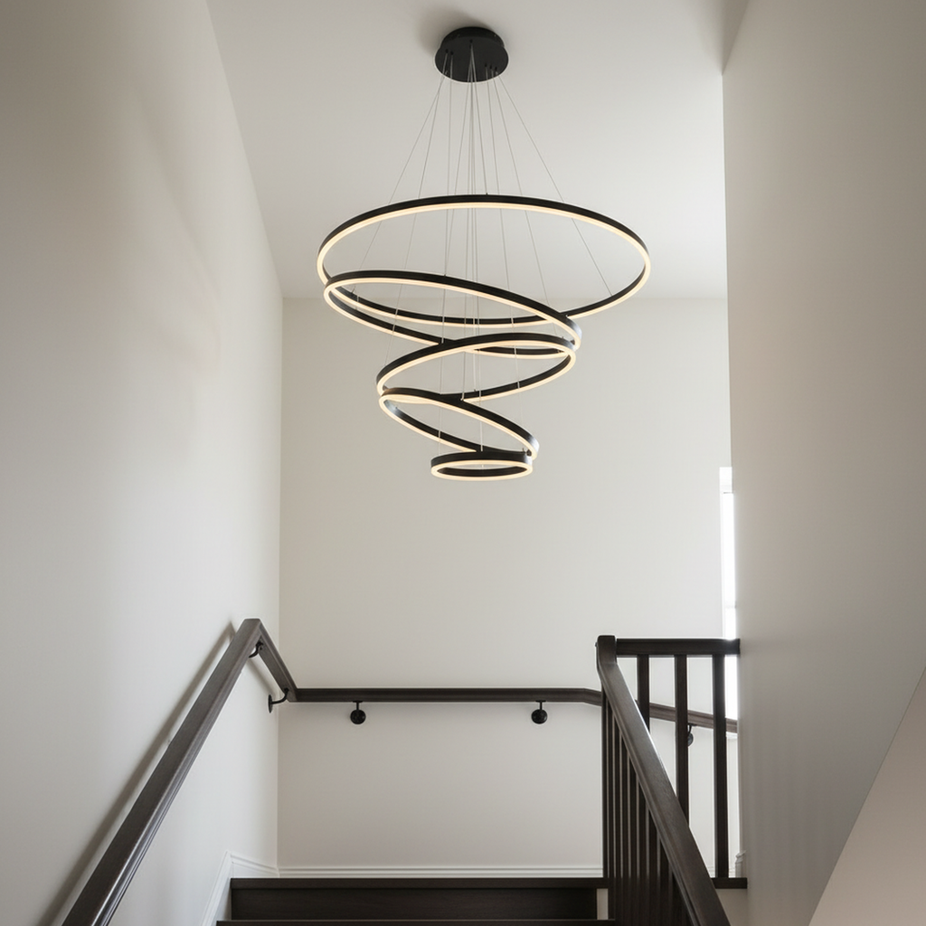 3/5 Lights Rings Dimmable Integrated LED Black Chandelier for Living Room Village Foyer High Ceiling Hanging Light