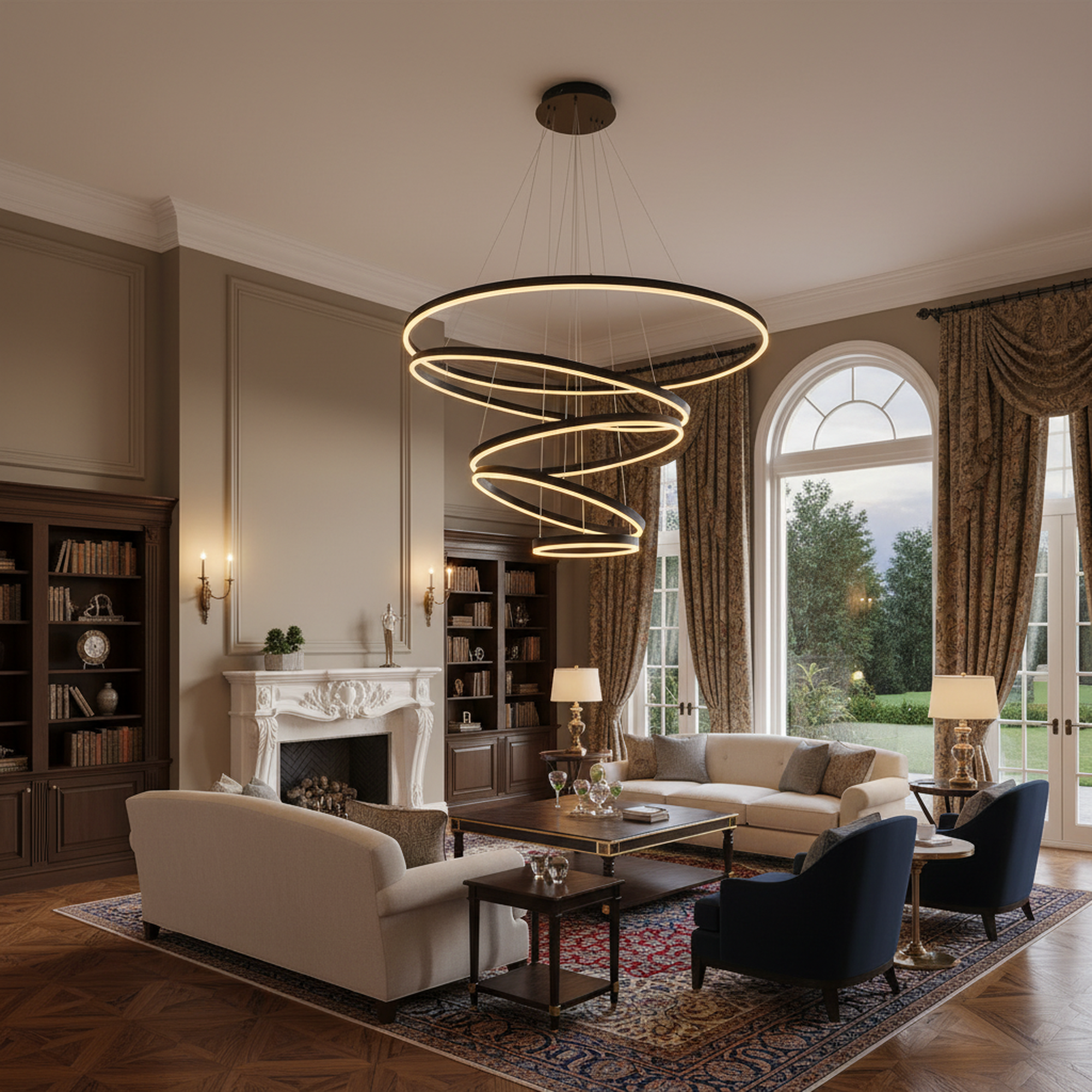 3/5 Lights Rings Dimmable Integrated LED Black Chandelier for Living Room Village Foyer High Ceiling Hanging Light