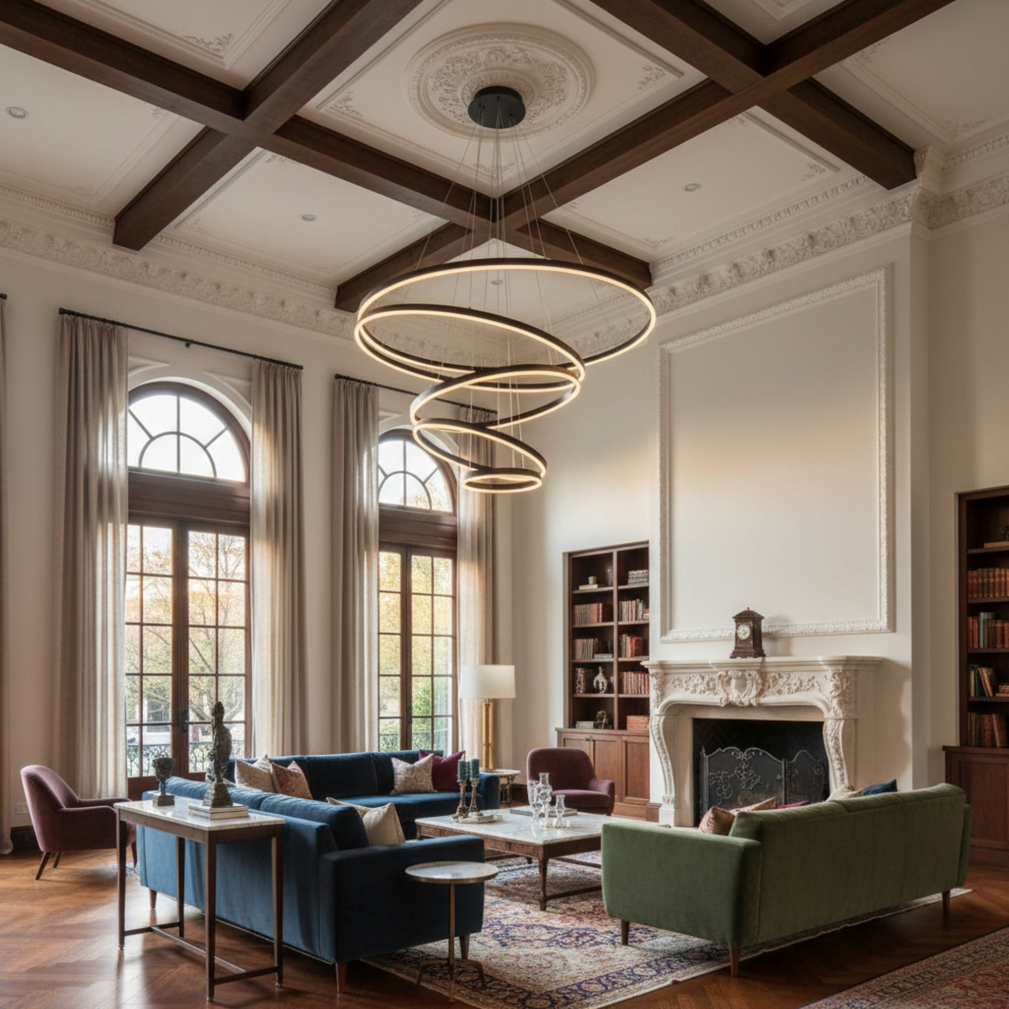 3/5 Lights Rings Dimmable Integrated LED Black Chandelier for Living Room Village Foyer High Ceiling Hanging Light