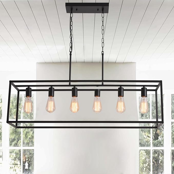 UMEILUCE 6 Light Rectangle Chandelier Contemporary Farmhouse Cage Pendant Lighting Black Industrial Vintage Kitchen Island Metal Cage Ceiling Light Fixtures