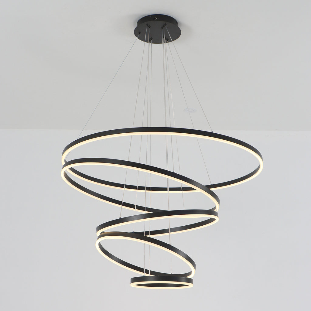 3/5 Lights Rings Dimmable Integrated LED Black Chandelier for Living Room Village Foyer High Ceiling Hanging Light