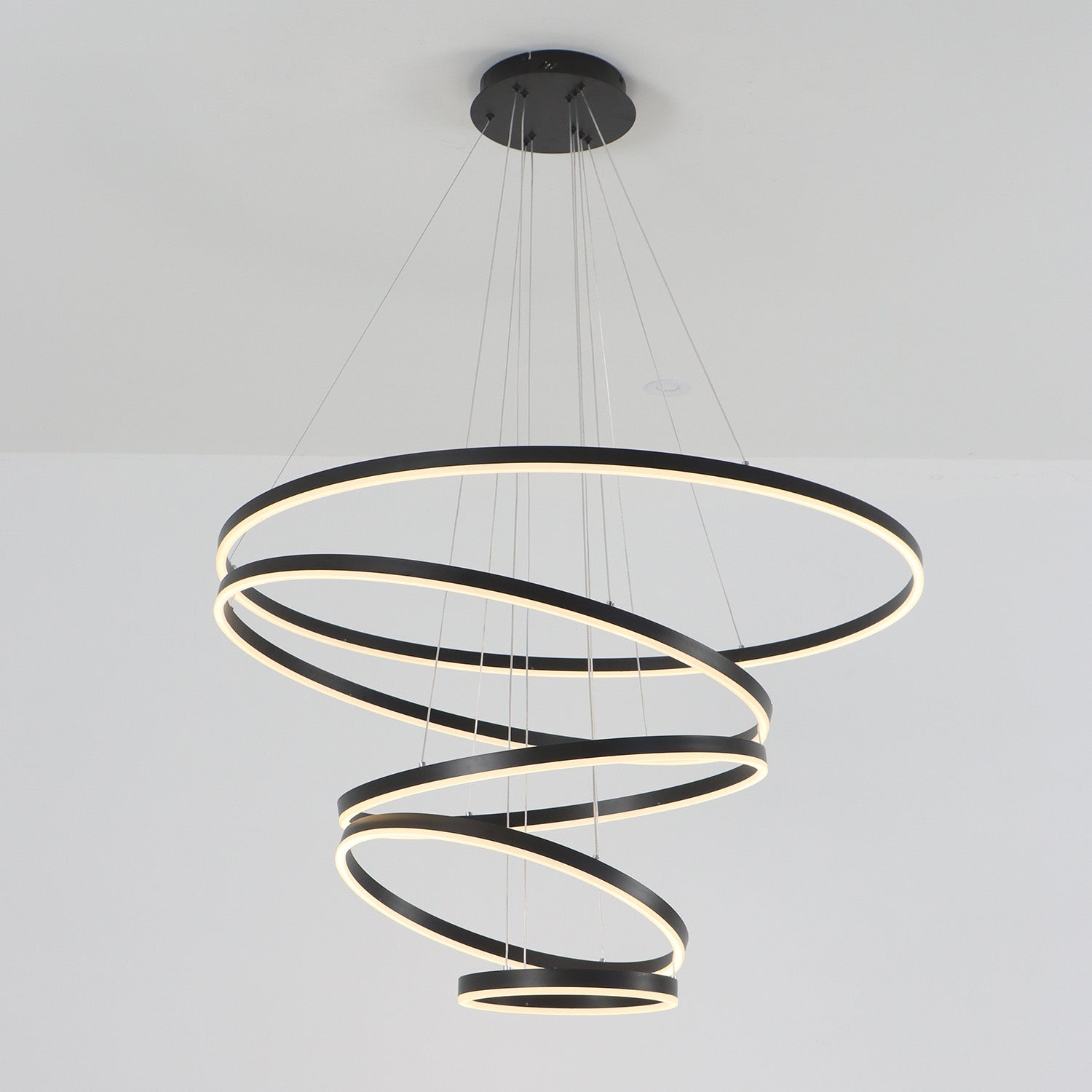 3/5 Lights Rings Dimmable Integrated LED Black Chandelier for Living Room Village Foyer High Ceiling Hanging Light