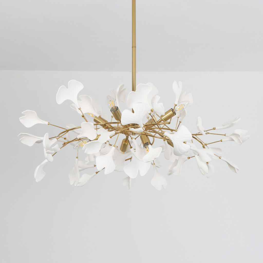6 Lights Branch Chandelier with White Ceramic Ginkgo Leaves