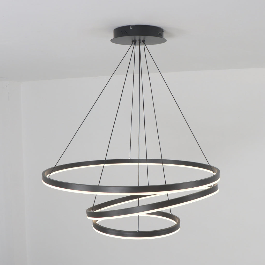 3/5 Lights Rings Dimmable Integrated LED Black Chandelier for Living Room Village Foyer High Ceiling Hanging Light