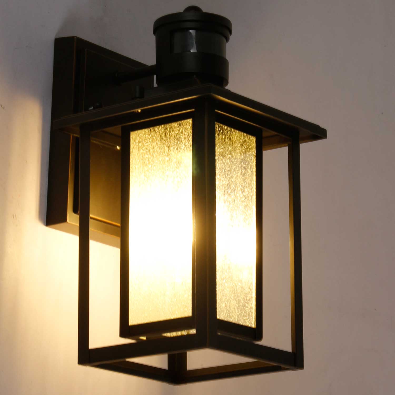 1-Light Matte Black Motion Sensing Outdoor Wall Lantern Sconces with Seeded Glass Shade Wall Light