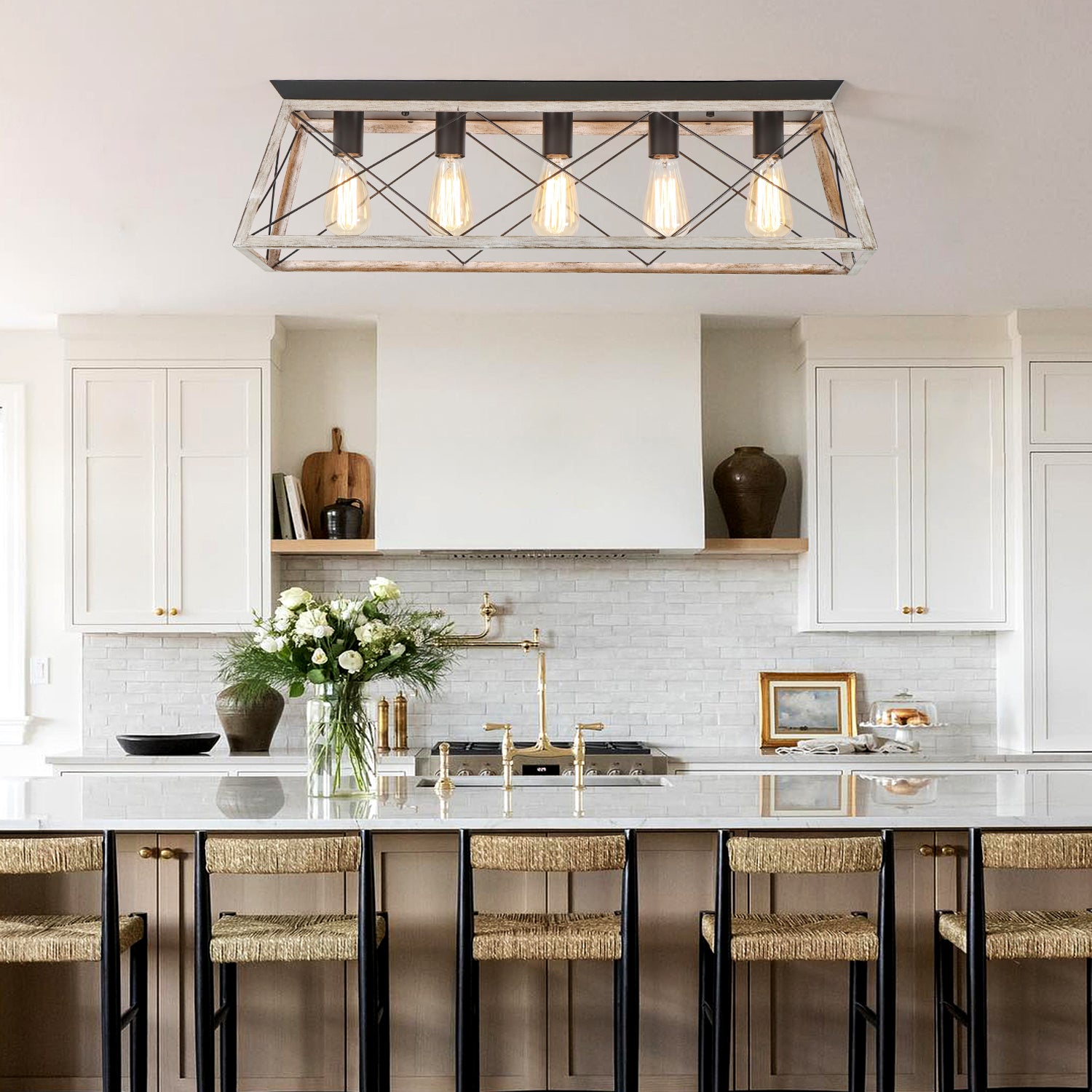 31.5 Inch 5 Lights Vintage Farmhouse Flush Mount Ceiling Fixture for Living Room Dining Room