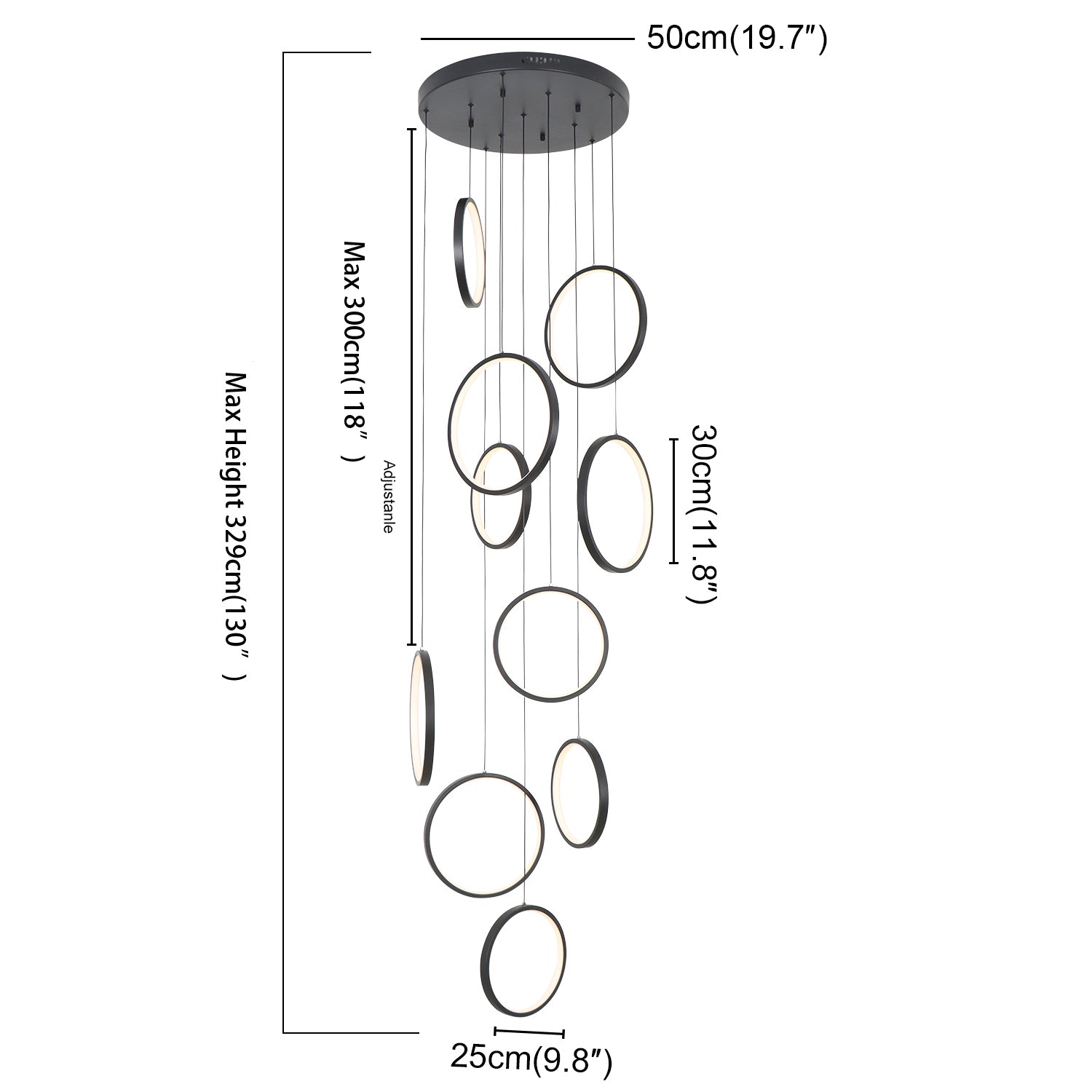 7/10 Lights Rings Modern LED Dimmable  Black High Ceiling Chandelier