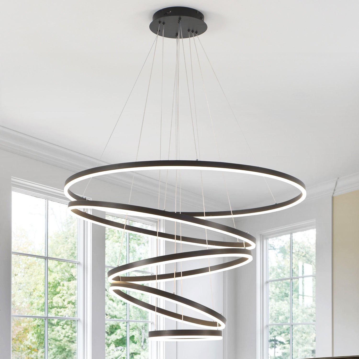 3/5 Lights Rings Dimmable Integrated LED Black Chandelier for Living Room Village Foyer High Ceiling Hanging Light