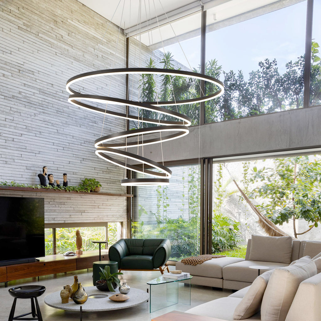 3/5 Lights Rings Dimmable Integrated LED Black Chandelier for Living Room Village Foyer High Ceiling Hanging Light