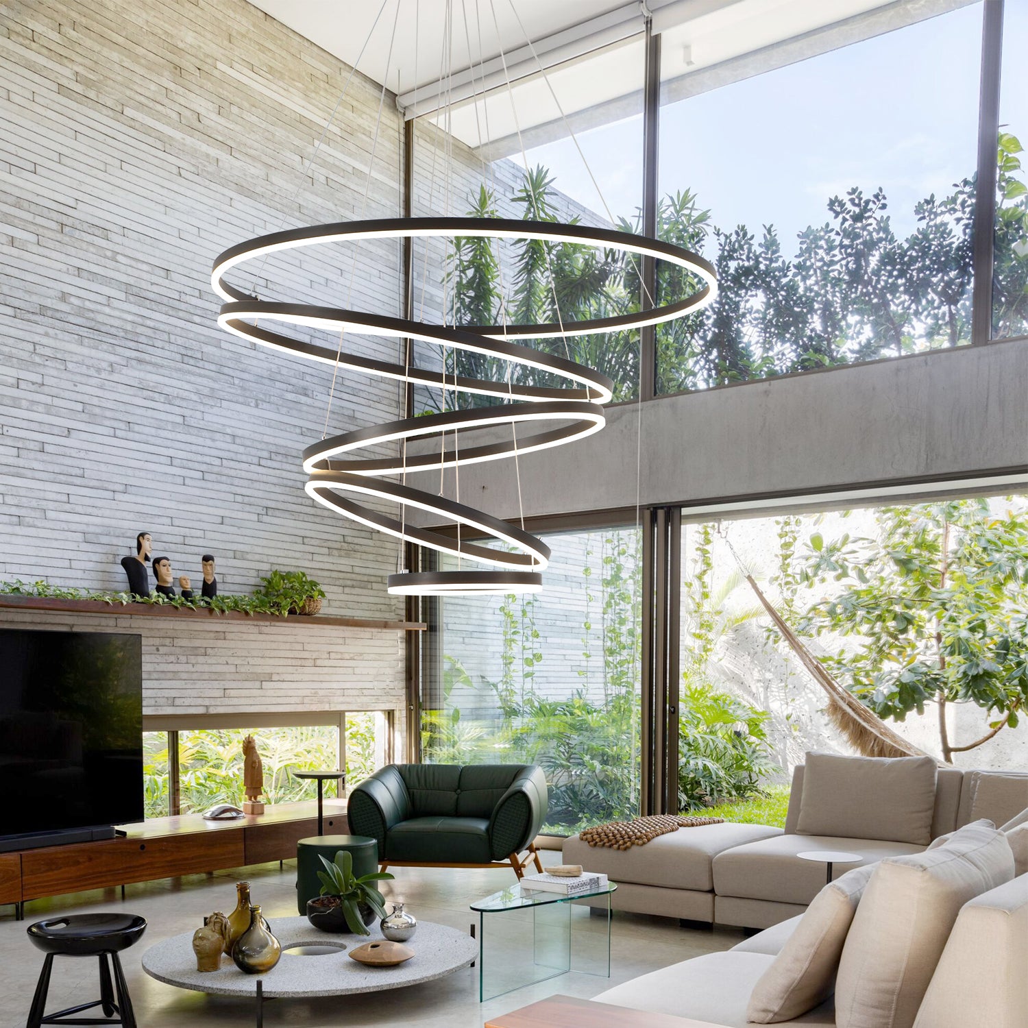 3/5 Lights Rings Dimmable Integrated LED Black Chandelier for Living Room Village Foyer High Ceiling Hanging Light