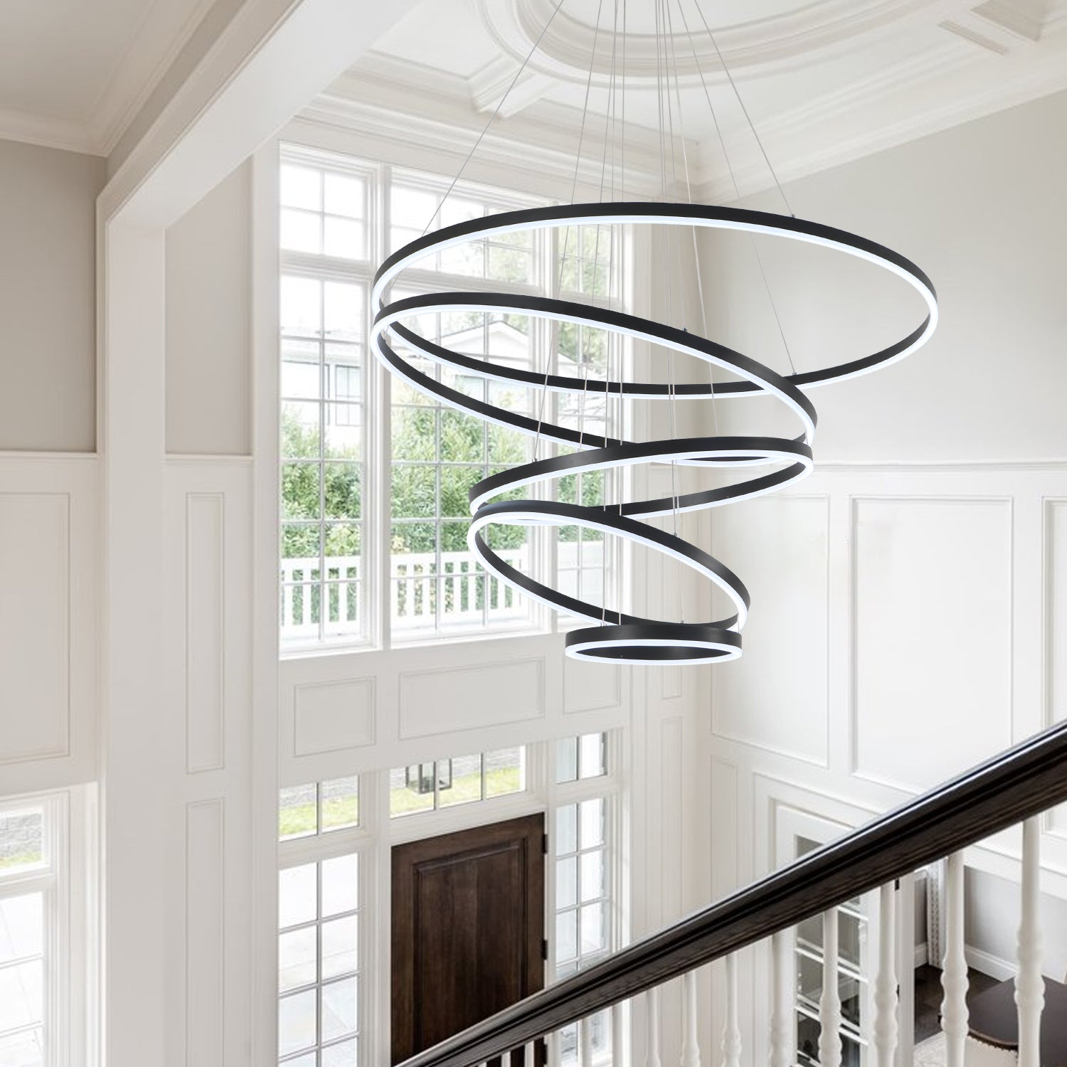 3/5 Lights Rings Dimmable Integrated LED Black Chandelier for Living Room Village Foyer High Ceiling Hanging Light