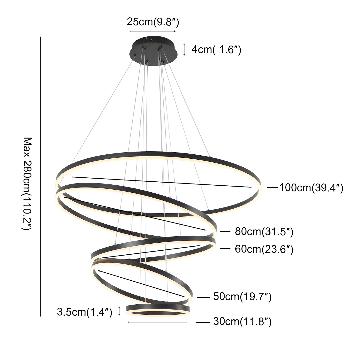 3/5 Lights Rings Dimmable Integrated LED Black Chandelier for Living Room Village Foyer High Ceiling Hanging Light