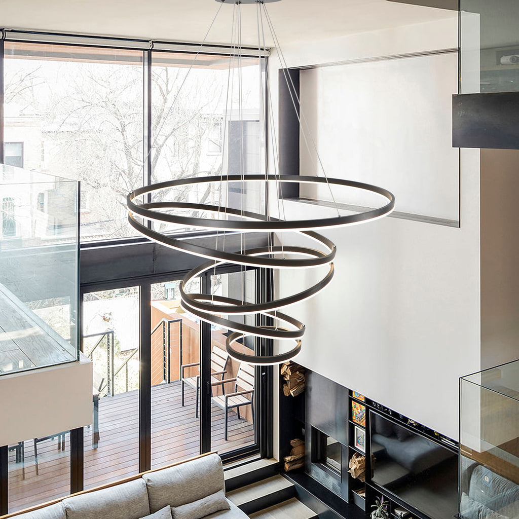 3/5 Lights Rings Dimmable Integrated LED Black Chandelier for Living Room Village Foyer High Ceiling Hanging Light