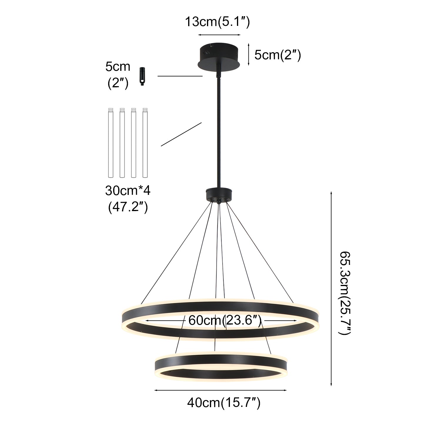 2 Lights Rings Up&Down-Lighting Black Integrated LED Dimmable Chandelier