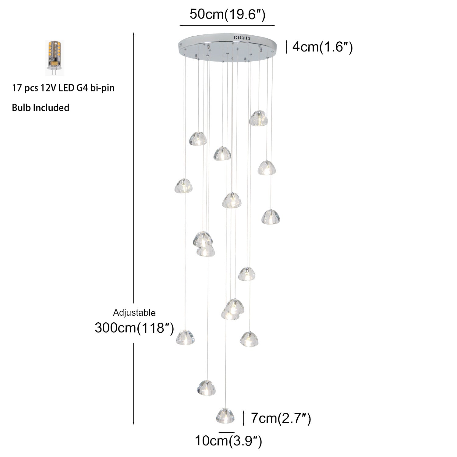 Raindrop Clear Stone Crystal Shade Modern Chandelier for Stairs Living Dining Room with 3000K G4 Bulbs