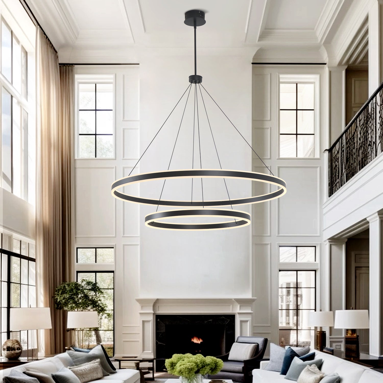 2 Lights Rings Up&Down-Lighting Black Integrated LED Dimmable Chandelier