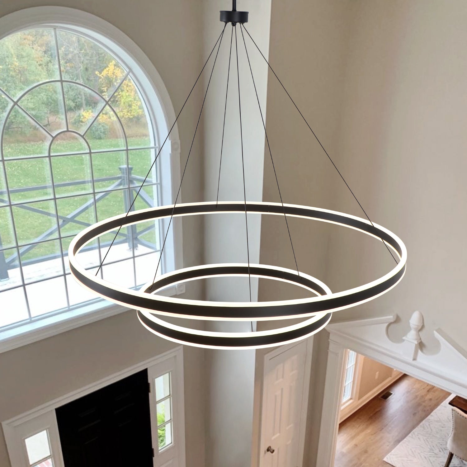 2 Lights Rings Up&Down-Lighting Black Integrated LED Dimmable Chandelier