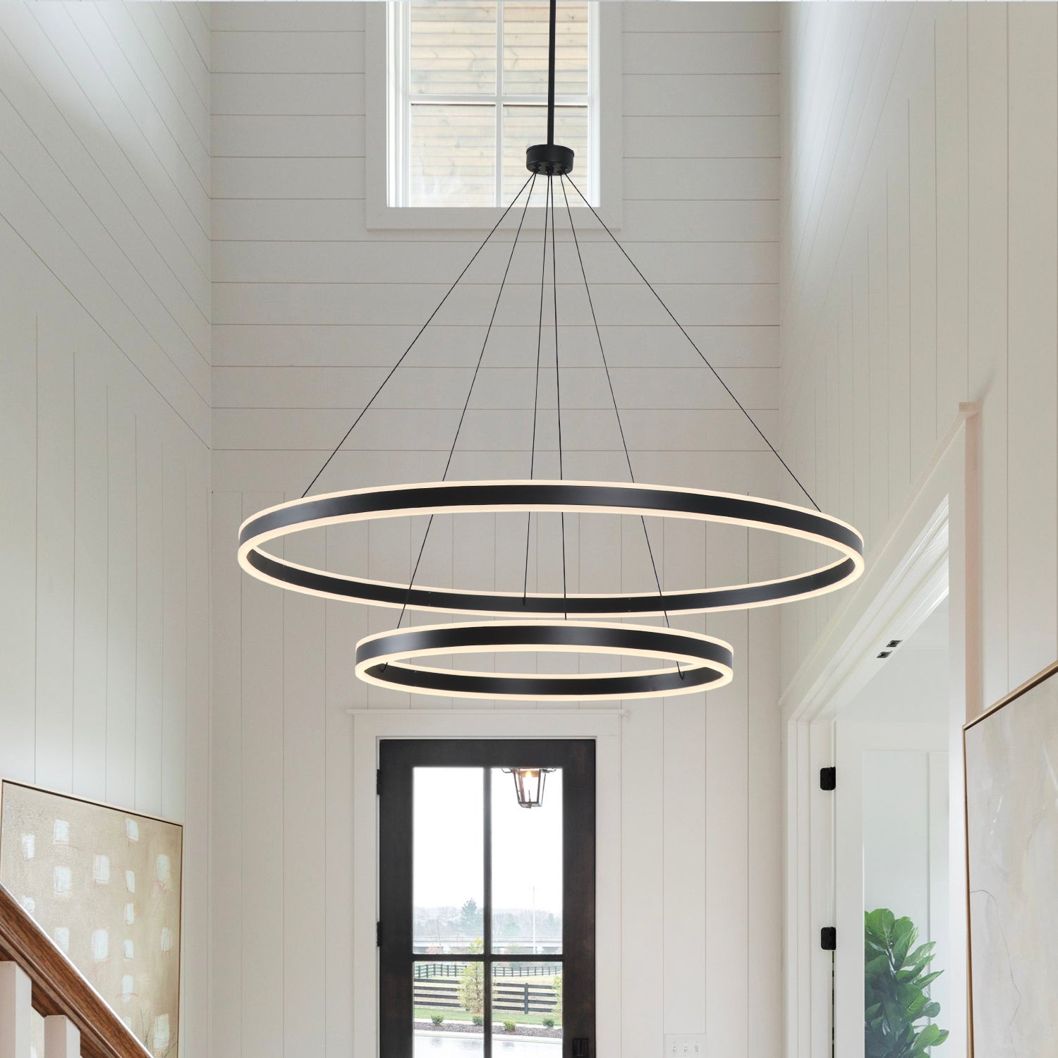 2 Lights Rings Up&Down-Lighting Black Integrated LED Dimmable Chandelier