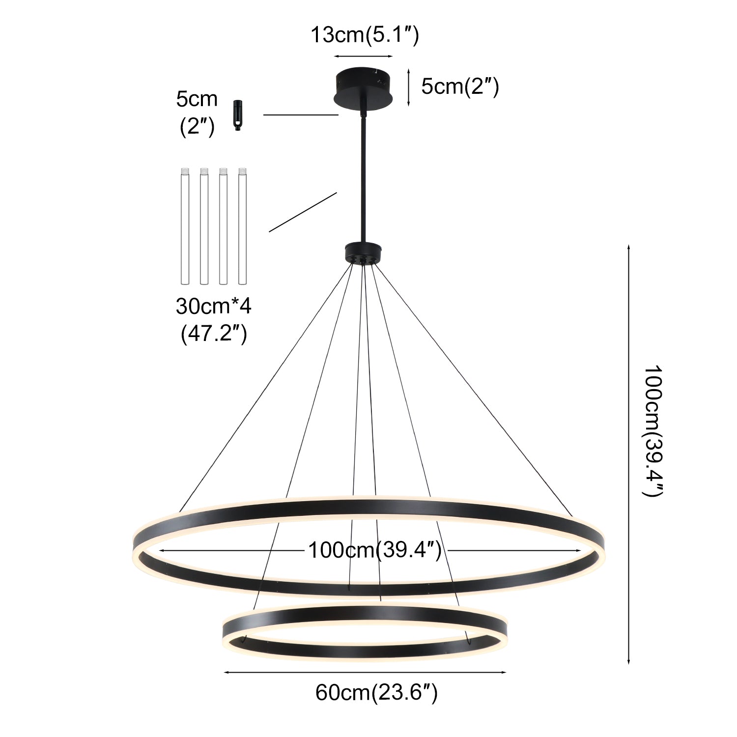 2 Lights Rings Up&Down-Lighting Black Integrated LED Dimmable Chandelier