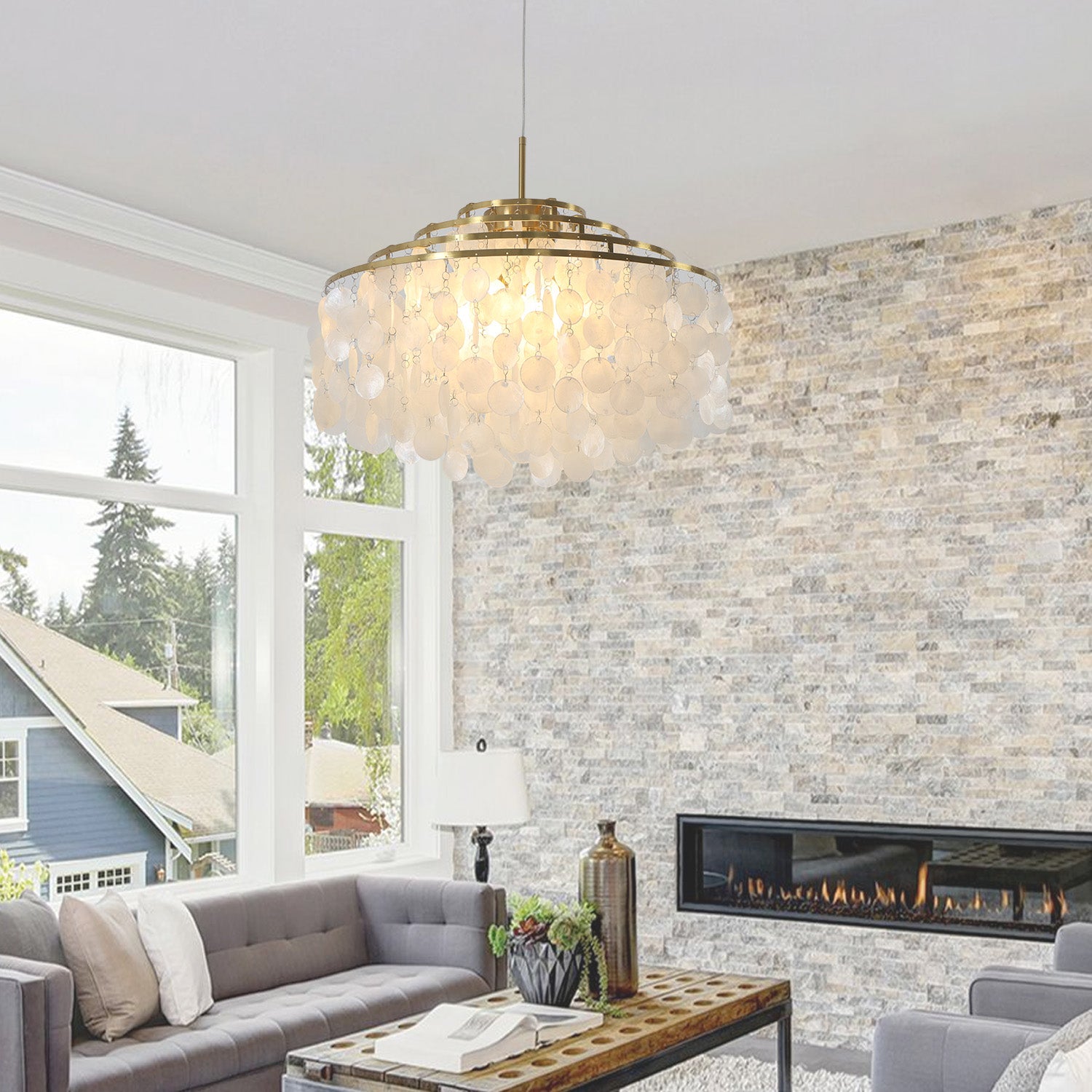 Capiz 1/3/6 Lights Shell Brass Chandelier with E12 Bulb Base