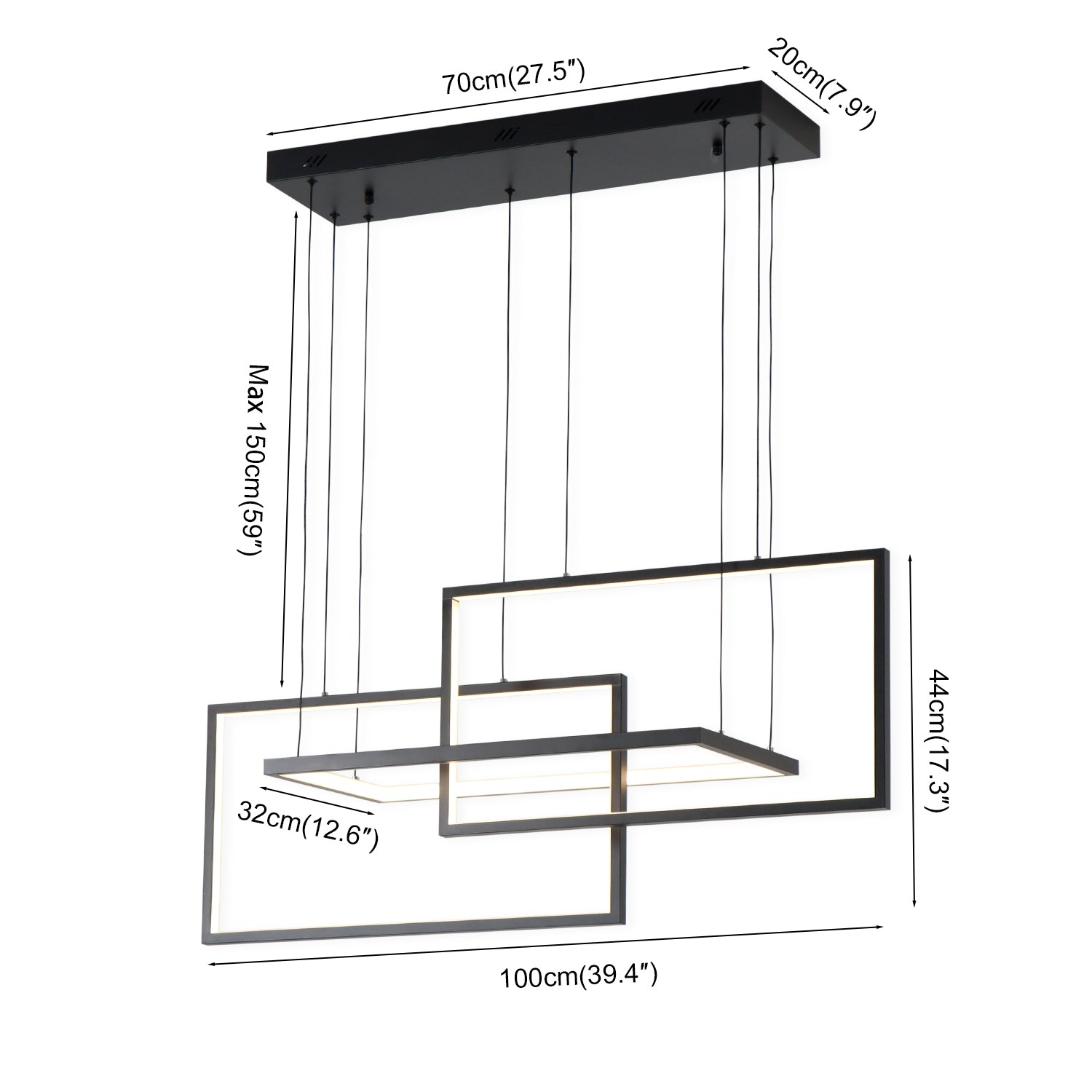 40"/54" 3 Lights Rectangle Black Integrated LED Dimmable Chandelier