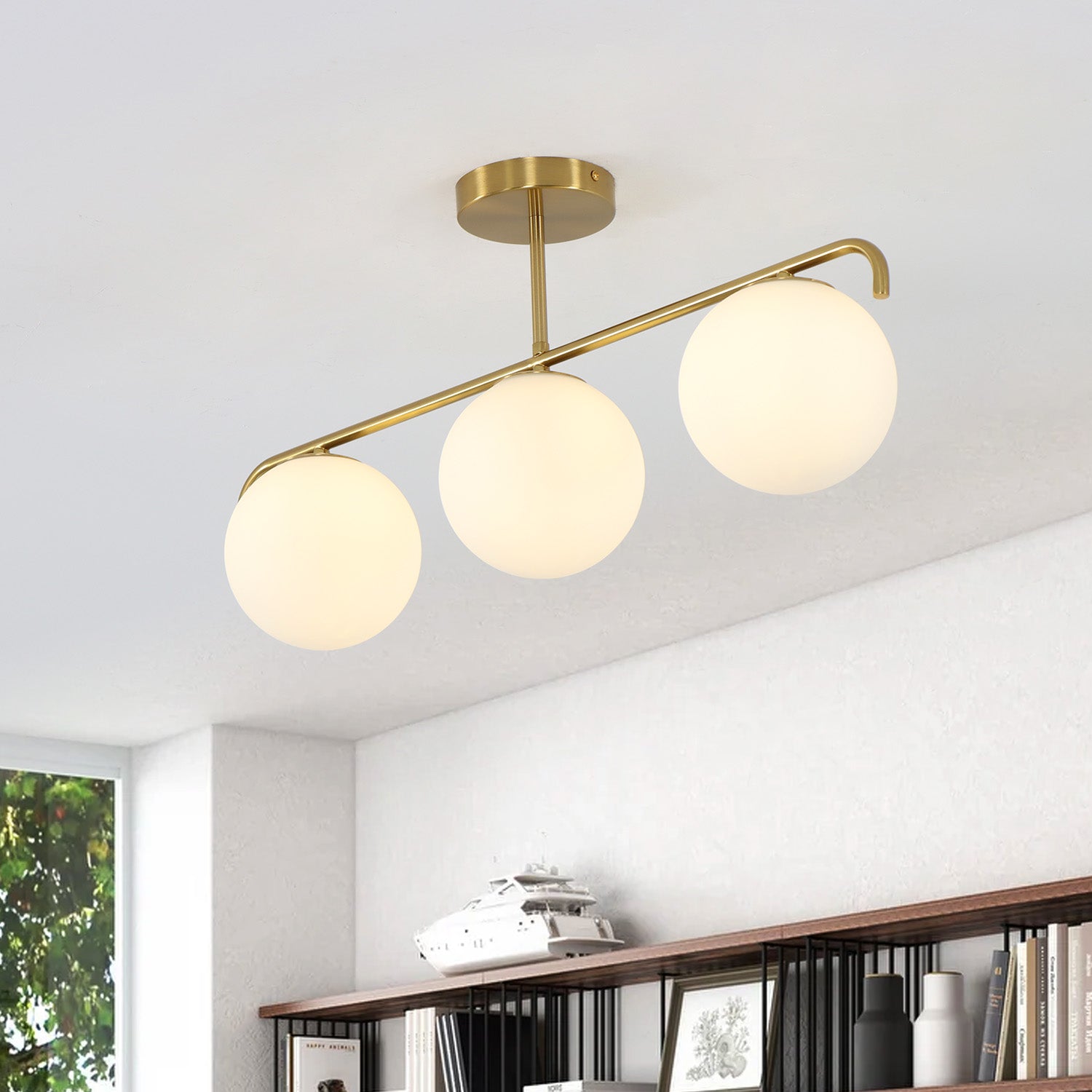 27.3" 3 Lights White Globe Glass Shade Linear Flush Mount for Dining Room Hallway