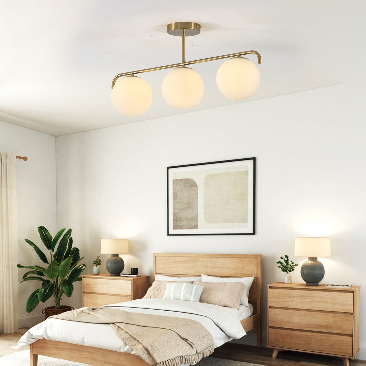 27.3" 3 Lights White Globe Glass Shade Linear Flush Mount for Dining Room Hallway