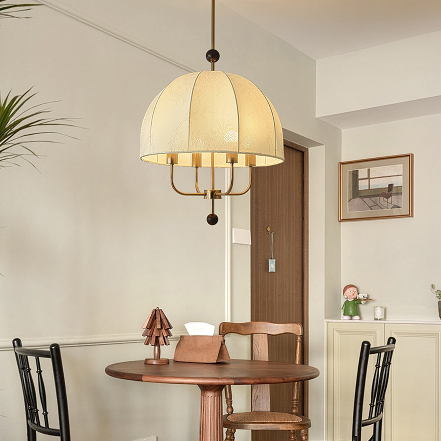 4 Lights Bronze Antique Hanging Chandelier with White Fabric Shade