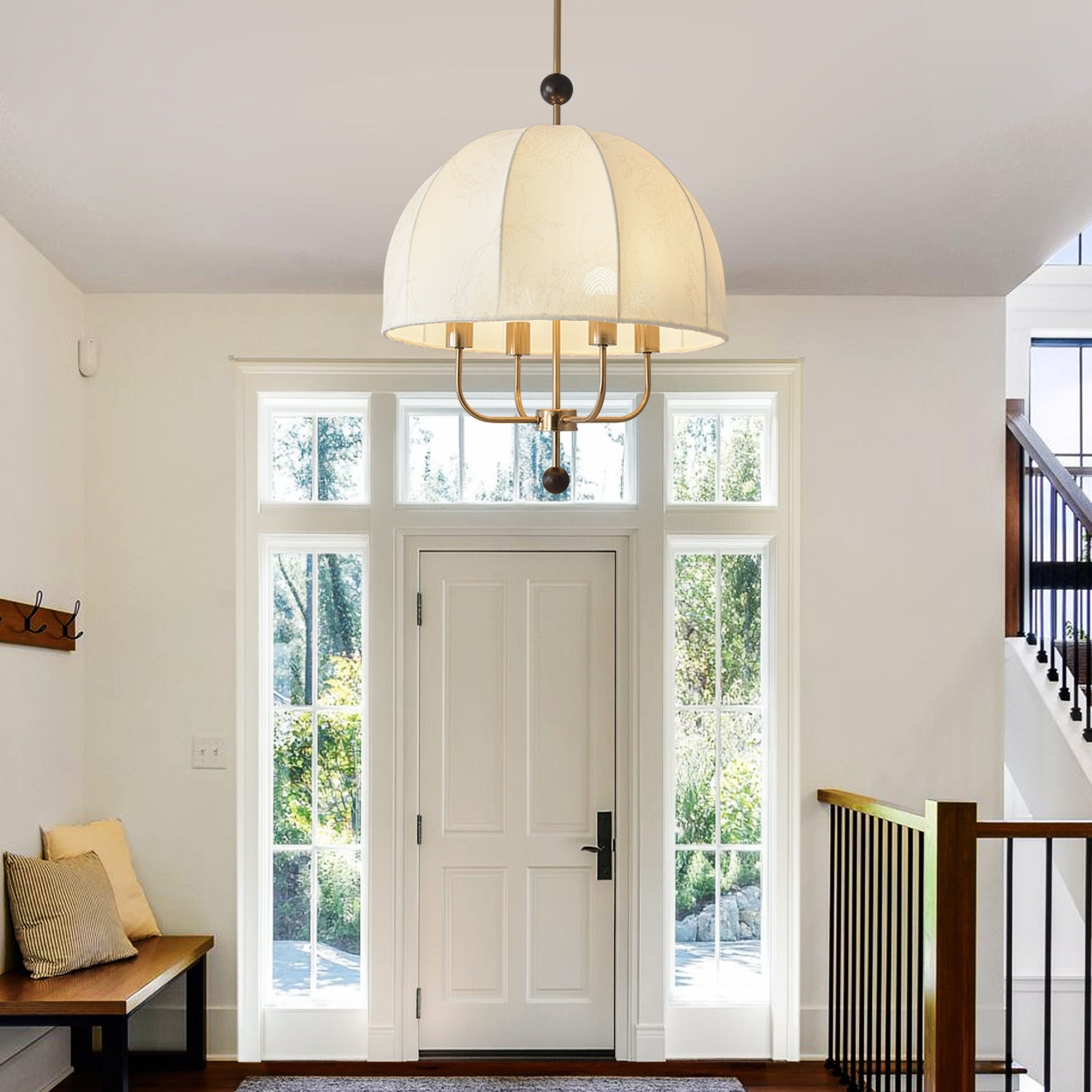 4 Lights Bronze Antique Hanging Chandelier with White Fabric Shade