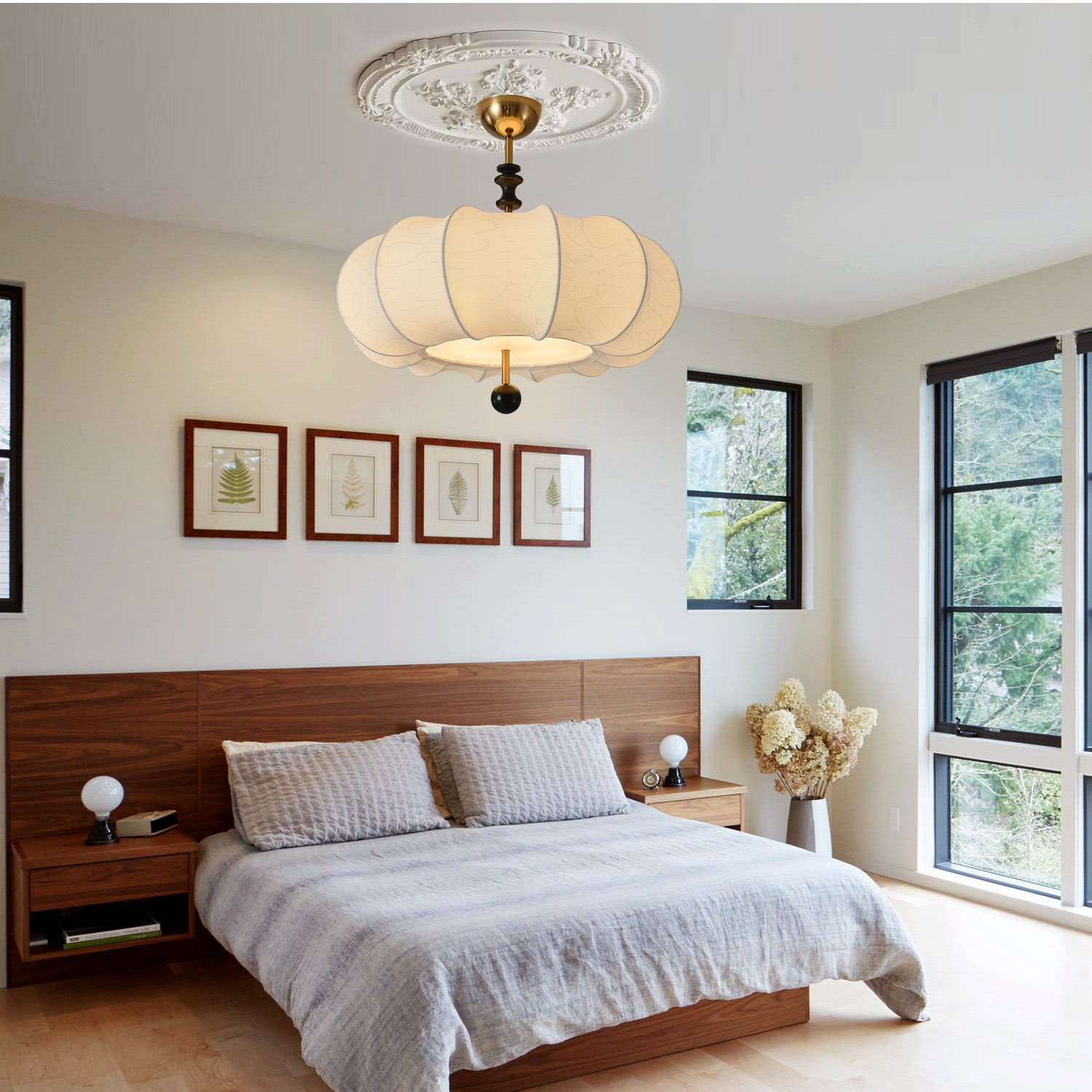 4/5 Lights Bronze Antique Drum Shape Hanging Chandelier with White Fabric Shade