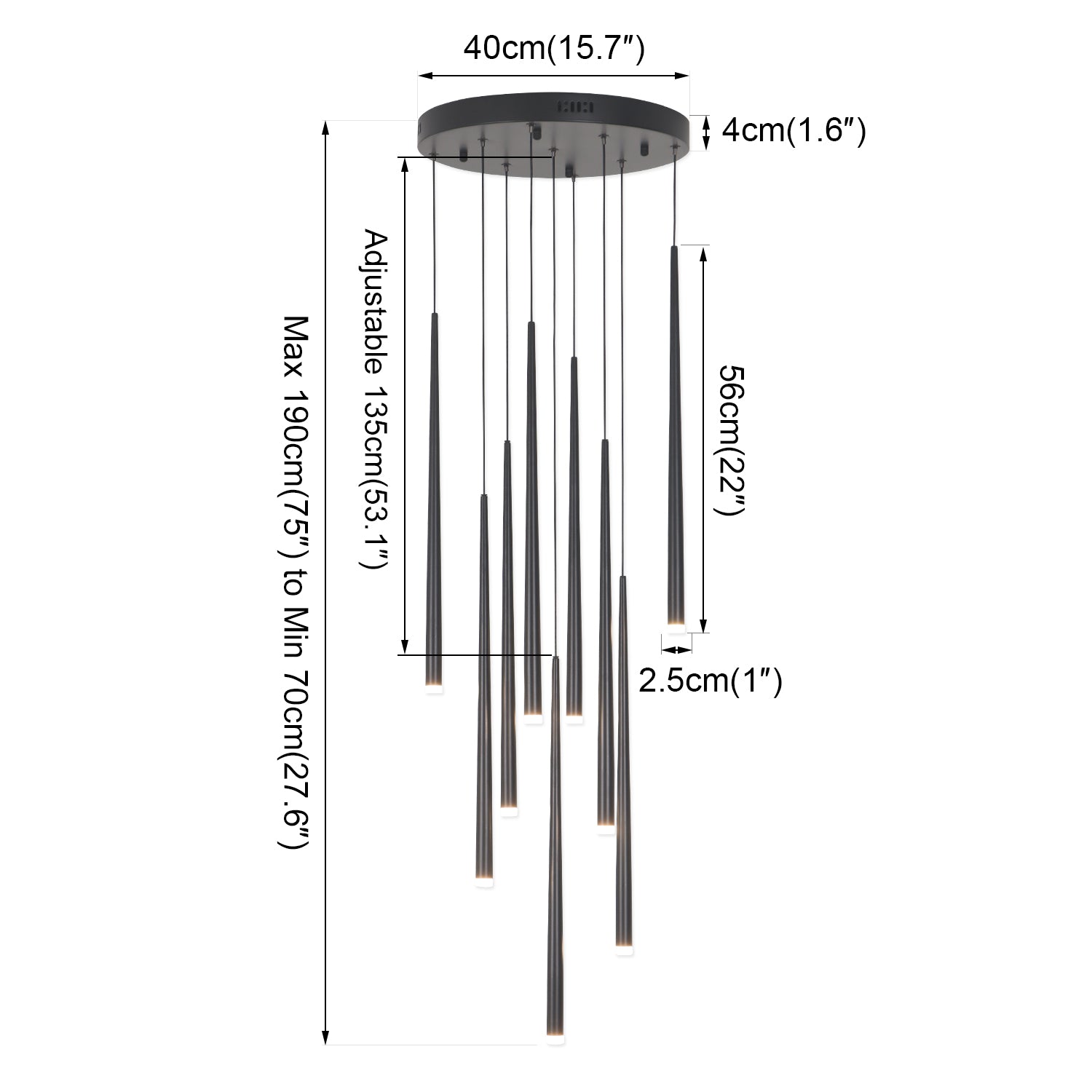Black Cone Modern LED 3000K Chandelier with Triac Dimmablefor Living Dining Room Kitchen Stairs