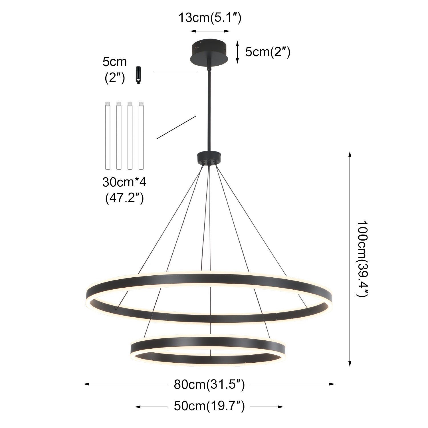 2 Lights Rings Up&Down-Lighting Black Integrated LED Dimmable Chandelier