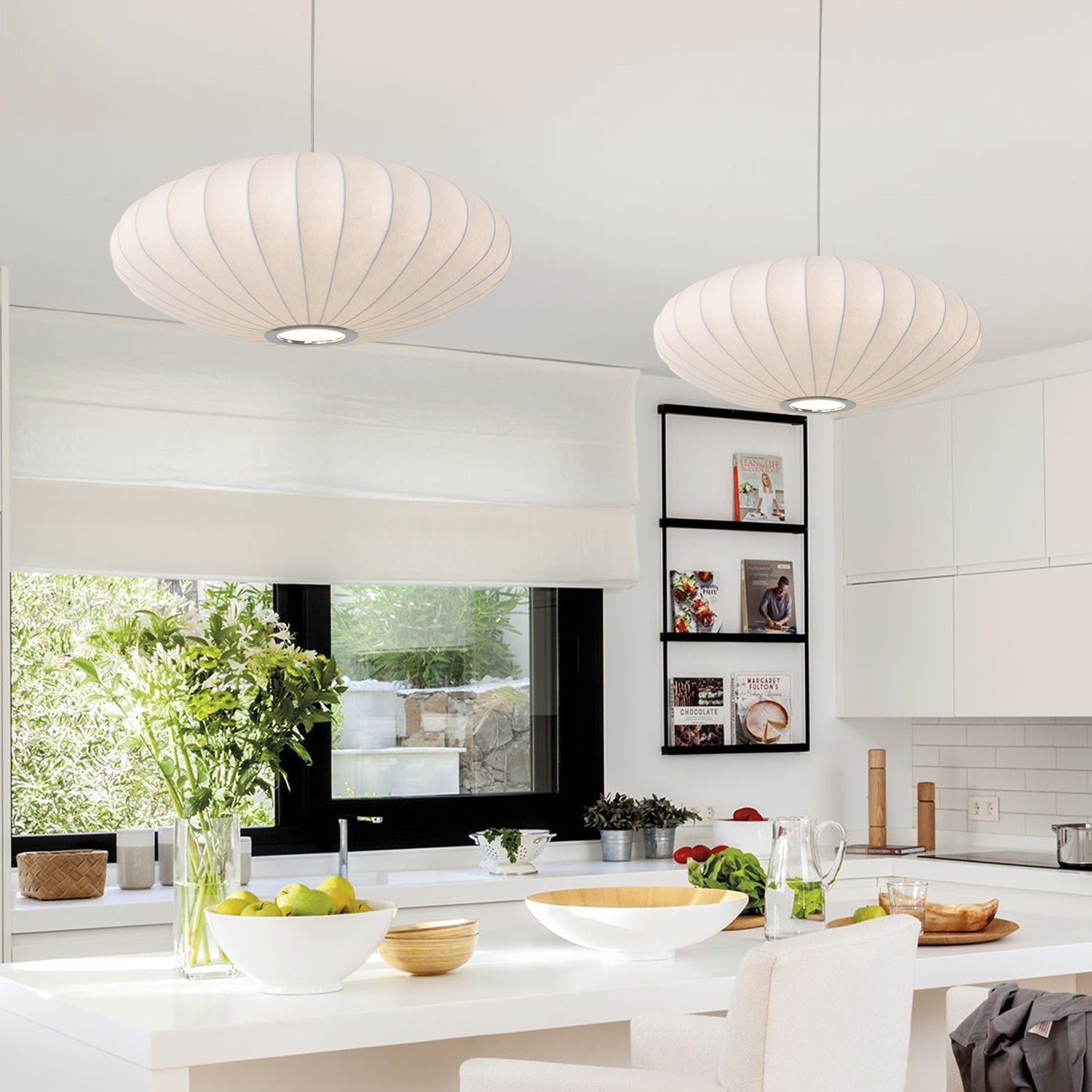 Saucer 1-Light White Silk Shade Pendant Light with E26 Bulb Base