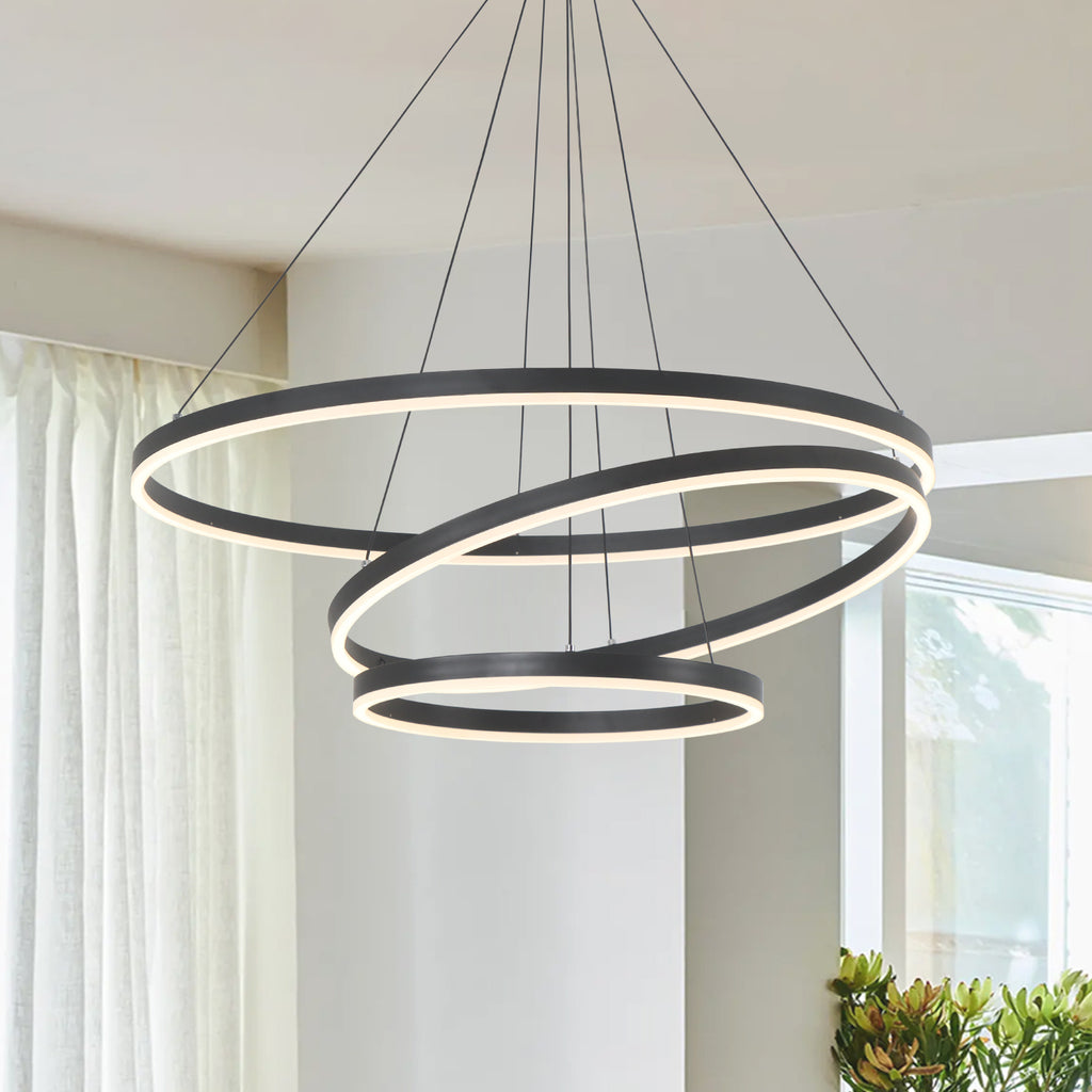 3/5 Lights Rings Dimmable Integrated LED Black Chandelier for Living Room Village Foyer High Ceiling Hanging Light