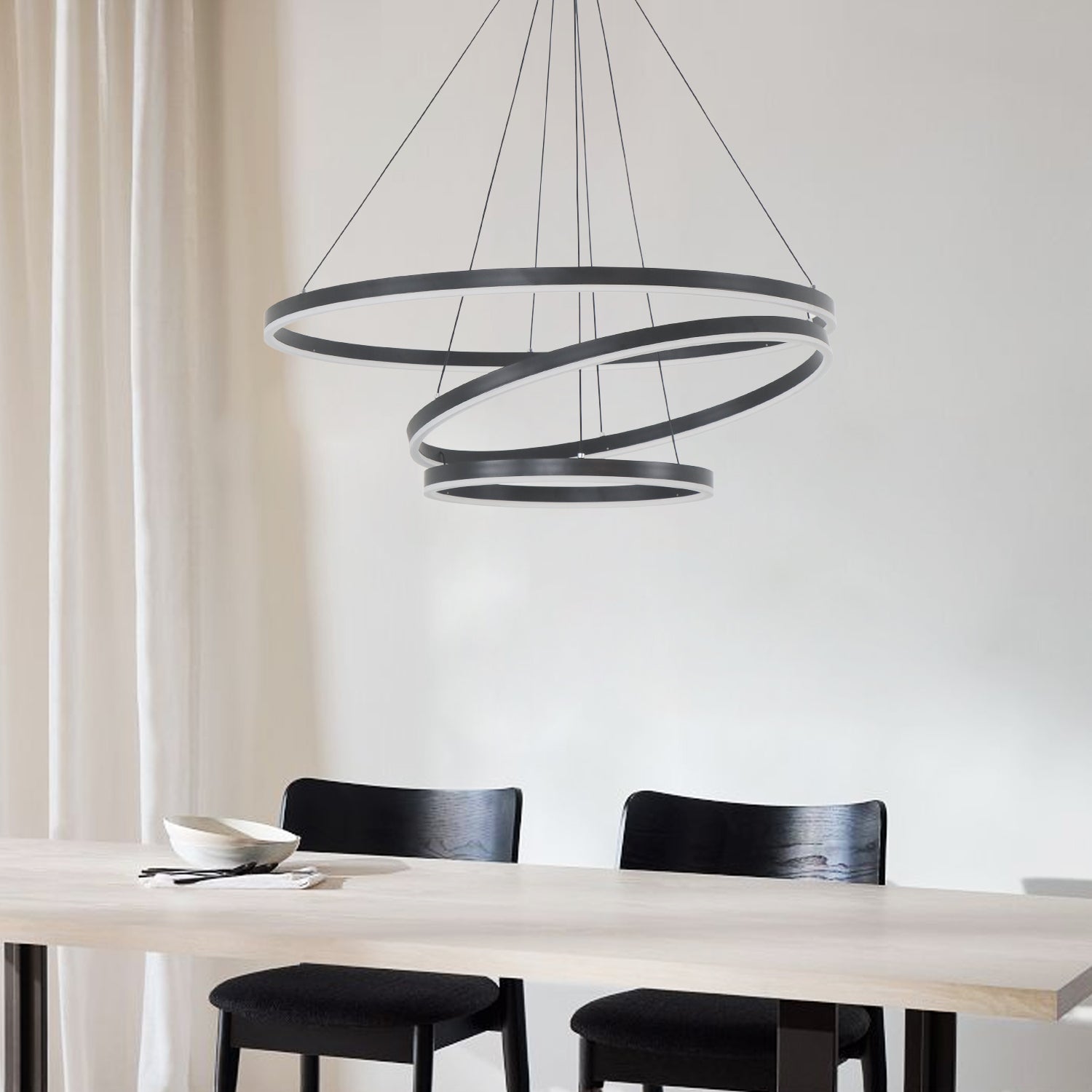 3/5 Lights Rings Dimmable Integrated LED Black Chandelier for Living Room Village Foyer High Ceiling Hanging Light
