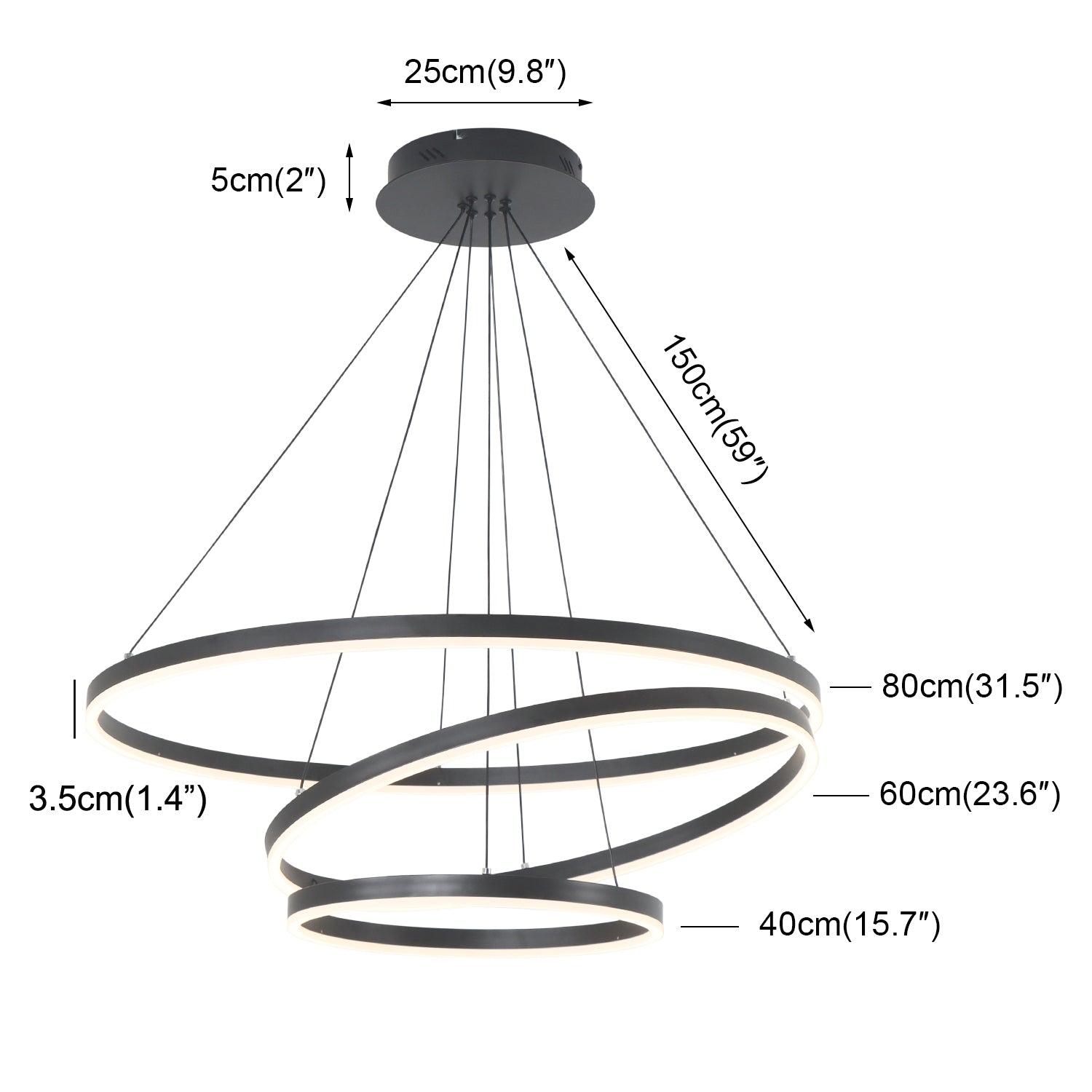 3/5 Lights Rings Dimmable Integrated LED Black Chandelier for Living Room Village Foyer High Ceiling Hanging Light