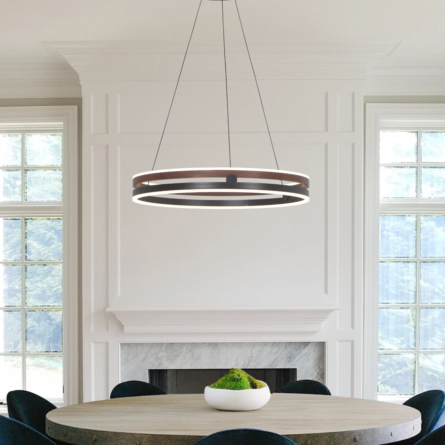 24" Black&Walnut Finish Integrated LED Dimmable Pendant Light,H3"