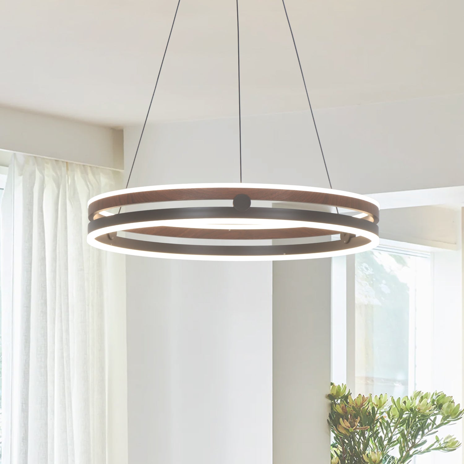 24" Black&Walnut Finish Integrated LED Dimmable Pendant Light,H3"