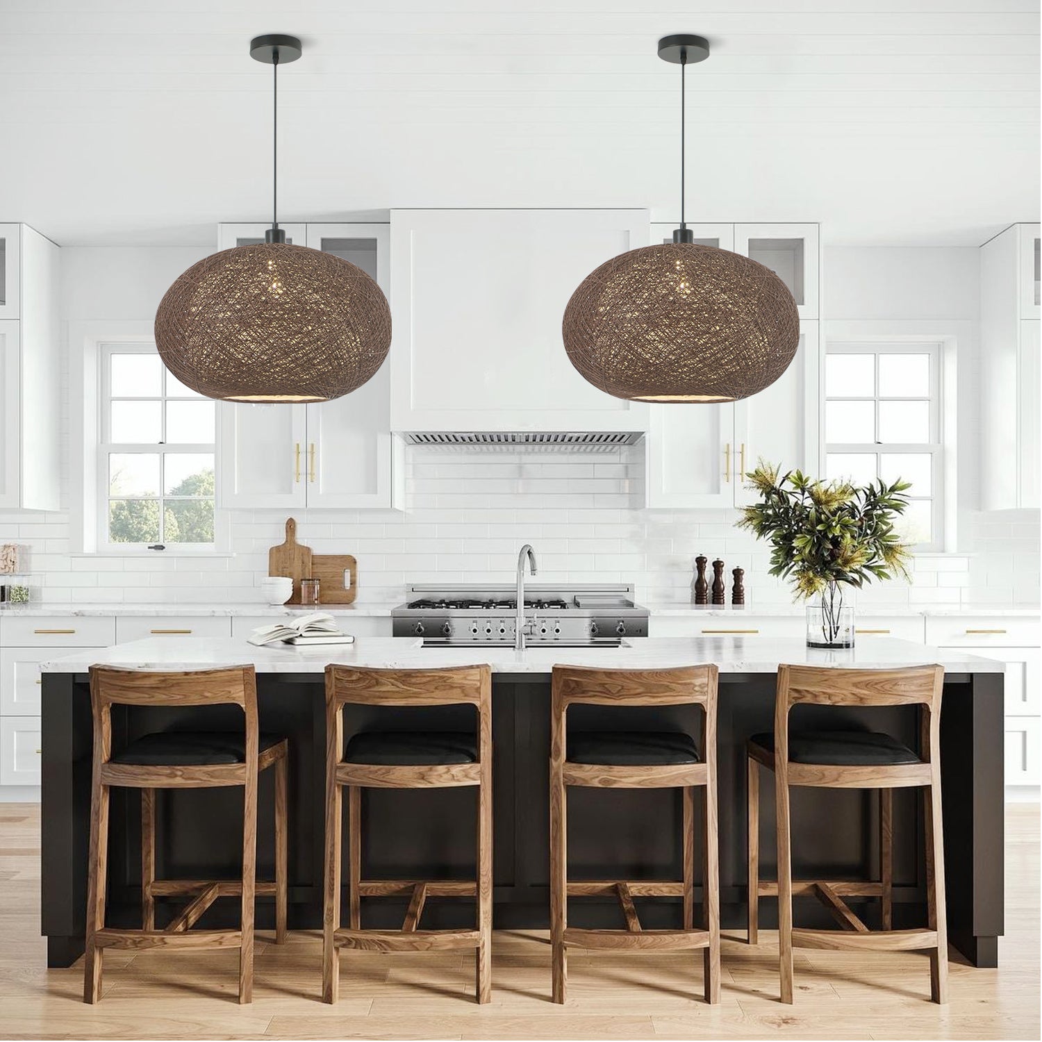15.7"/19.7" 1 Light Boho Woven Rattan Pendant Light for Dinging Room Entrance Bedroom