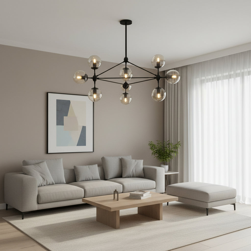 10 Lights Magic Bean Black Industrial Chandelier with Amber Glass Shade