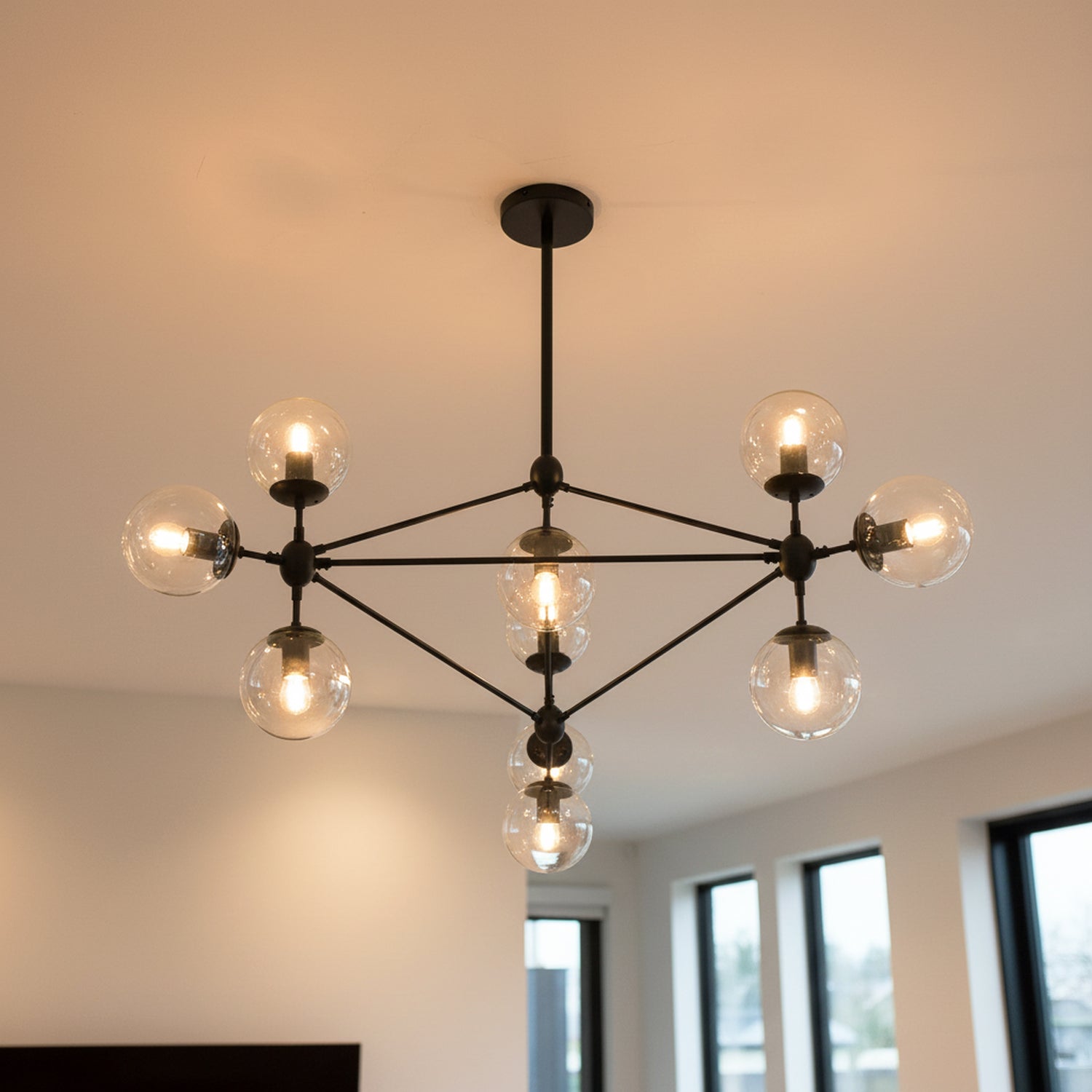 10 Lights Magic Bean Black Industrial Chandelier with Amber Glass Shade